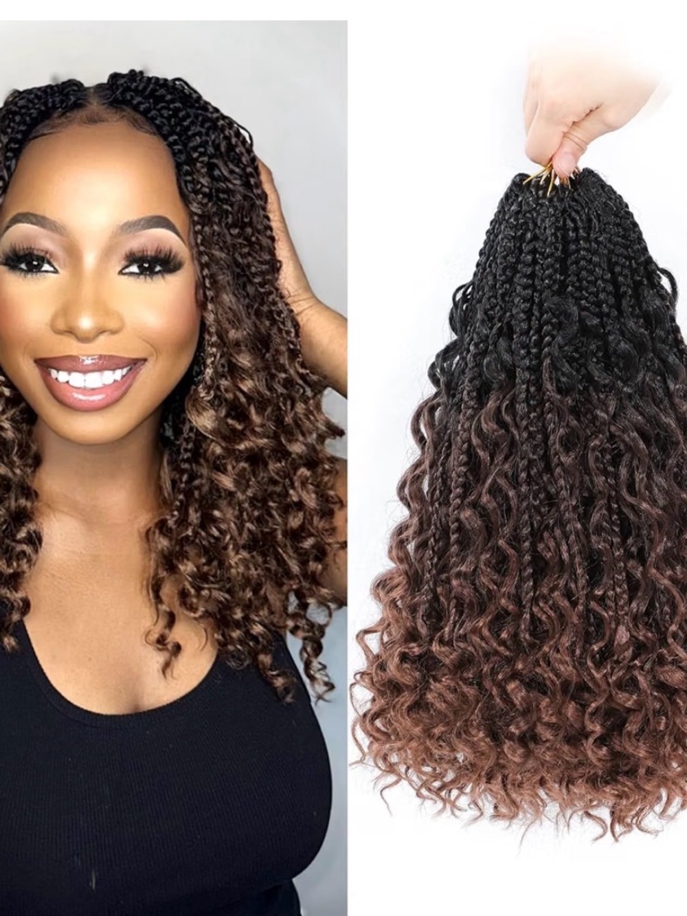 Karida Goddess Box Braids Crochet Hair 13” Boho Curly Ends 9 Packs Ombré Brown